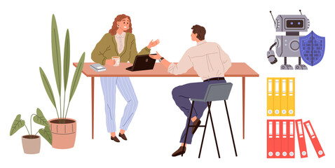 Two professionals discussing project ideas at a desk with a laptop, surrounded by office plants, file organizers, and a robotic assistant. Ideal for teamwork, productivity, technology integration