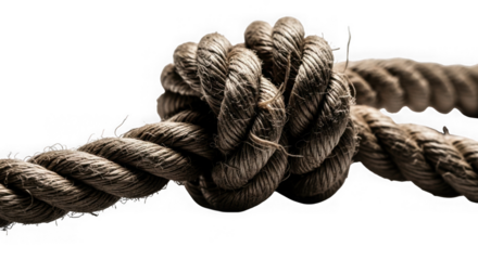 Close up macro shot of a strong nautical knot tied in thick rope isolated on transparent background