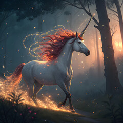 Obraz premium Golden Forest Unicorn, Crimson Mane Fantasy Unicorn, Autumn Glow Unicorn, Enchanted Sparkle Unicorn, Sunset Magic Unicorn