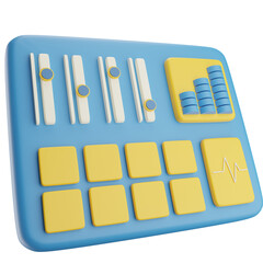 Blue Audio Mixer with Yellow Controls 3D Render Isolated on Transparent Background