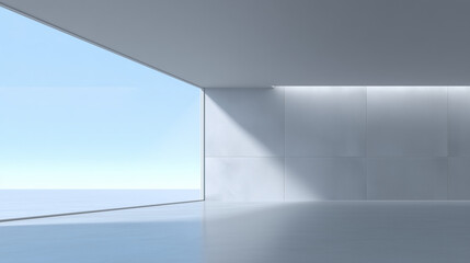Minimalist empty room featuring a large window, filled with soft ambient daylight for a modern interior feel.