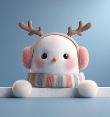 Cute Snowman with Antlers, Striped Scarf, and Pink Earmuffs