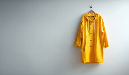 A bright yellow raincoat with a hood hangs on a wooden hanger against a plain, light-colored wall in a studio.