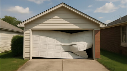 Residential white garage door bent and damaged with large structural dent showing home maintenance and repair issue in suburban driveway
