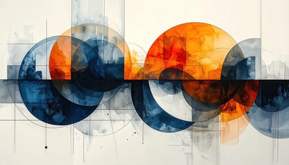 Abstract circles overlay, blue and orange, linear elements