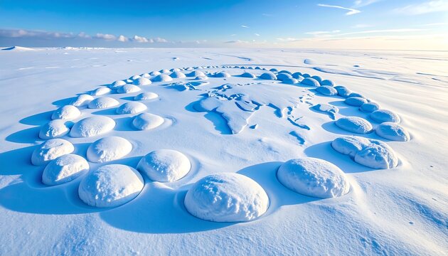Snow globes form world map on frozen landscape