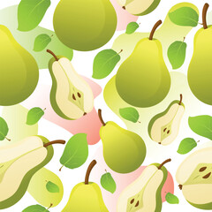 Seamless vector pattern with whole pears and slices, green leaves and soft gradients, modern fruity design for packaging, textile, wrapping, wallpaper, fresh summer background.