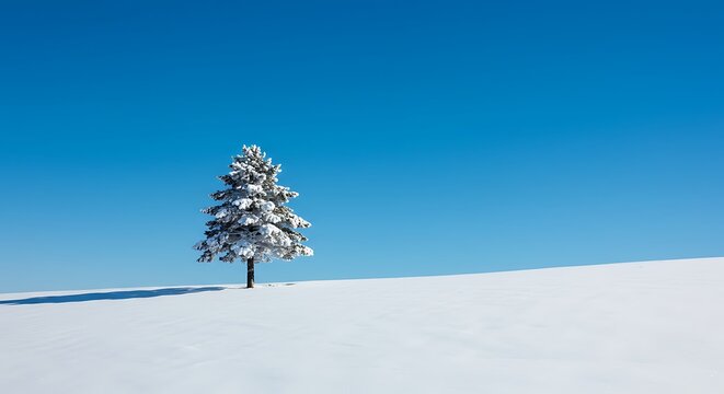 Solitary snow-covered evergreen tree against a clear blue sky in winter landscape