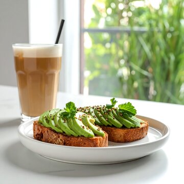 Avocado toast and latte on a white table near a window