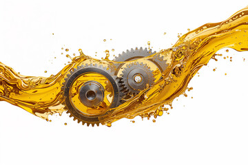 Steel gears splashed with golden motor oil, automotive lubrication, mechanical engineering, industrial power transmission and precision technology concept with dynamic motion and fluid energy