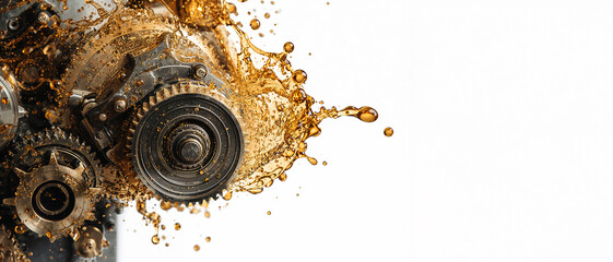 Close-up of metal gears splashed with golden engine oil, mechanical lubrication, industrial machinery maintenance, automotive engineering and power transmission system in motion