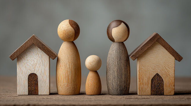 A wooden peg doll family with a mother father and child stands between two small wooden model houses on a rustic surface