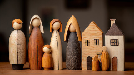 Hand carved wooden figurines representing a family stand together next to two small wooden houses creating a rustic display