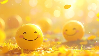 Digital Illustration of Cheerful Yellow Smiley Faces Amidst a Warm Golden Hued Bokeh Background with Scattered Leaf Debris