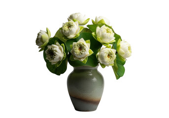 A beautiful bouquet of white lotus flowers arranged in an elegant vase isolated on transparent background