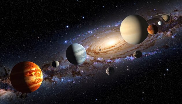 A detailed digital illustration depicts various planets in a solar system, arranged in a celestial formation, against the backdrop of a bright galactic spiral.