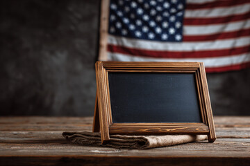 A rustic scene features a blank chalkboard on a wooden table with an American flag in the background perfect for patriotic messages