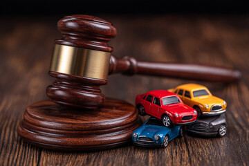 A judge's gavel next to a pile of crashed toy cars on a wooden desk represents legal concepts like car accidents traffic law and auto auctions