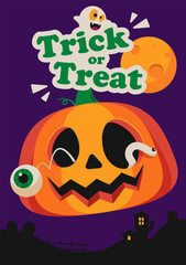 Trick of treat halloween party night poster template with cute jack-o'-lantern flat design style on purple background