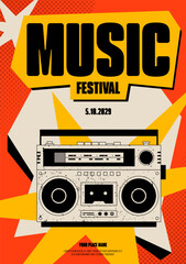 Vintage music festival poster template design. A retro boombox maximalism style with a grunge texture and geometric shape