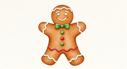 Smiling gingerbread man with festive decorations on white background
