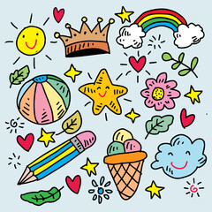 Whimsical doodles sun, rainbow, hearts, and playful illustrations. Vector illustration.