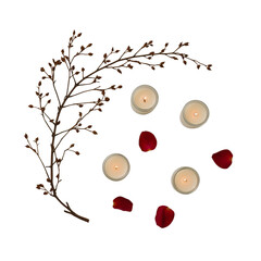 Intimate ambiance with glowing candles, delicate petals, and ethereal dried branches creation