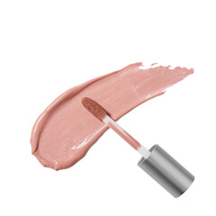 Smooth application of light pink lip gloss showcases delicate color on black backdrop