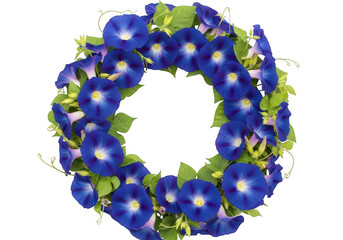 Vibrant blue morning glory flowers formed into a circular wreath isolated on transparent background