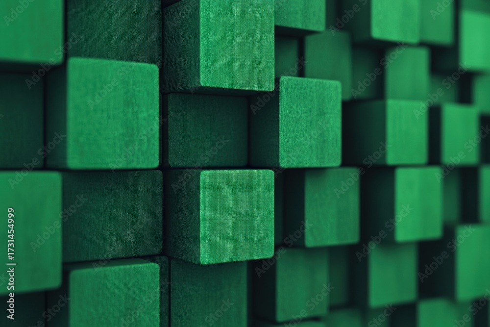 Wall mural green wooden blocks forming a textured abstract background, showing an array of geometric shapes and