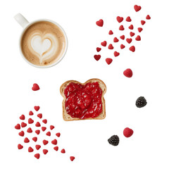 Heartfelt breakfast still life: cappuccino with latte art and toast with vibrant raspberry jam