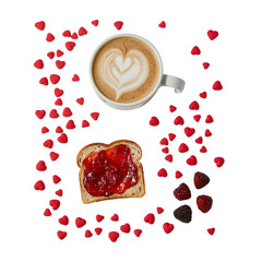 Heartfelt coffee art, toast with vibrant spread, and scattered candies on pitch-black canvas