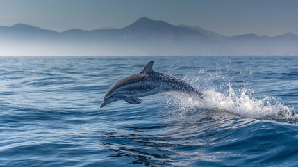 Fototapeta premium Graceful Dolphin Leaping Above Calm Ocean Waves with Distant Mountain Silhouette Under Clear Sky