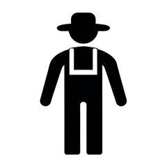Simple black silhouette icon of a farmer wearing overalls and a hat