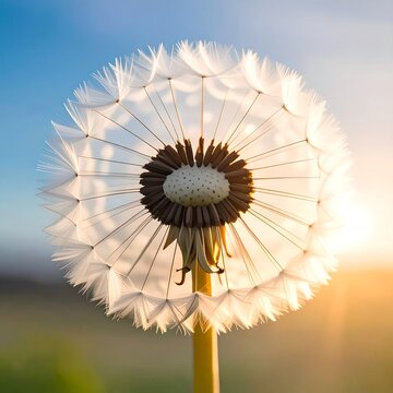 Backlit dandelion seed head, delicate white parasols, sunset glow