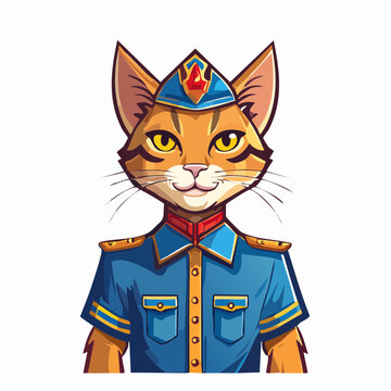 Portrait of a confident feline captain in a stylized uniform, a minimal flat design vector graphic of an anthropomorphic catman character