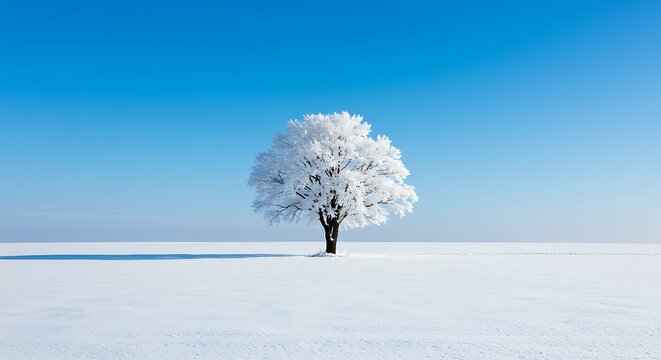 Solitary snow-covered tree stands against a clear blue winter sky