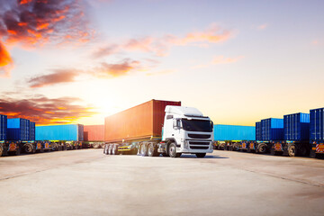 Semi Trailer Trucks on The Parking Lot at Sunset Sky. Big Rig. Tractor Truck. Shipping Cargo Container Trucks at The Port. Economy Business Transport on Road. Trucking. Freight Logistics Transport.	
