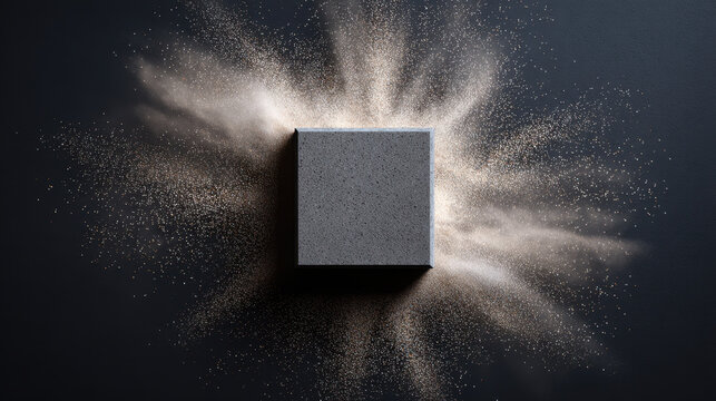 Concrete slump test at site shows powder explosion around solid cube block with dark background and dramatic lighting