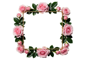 Elegant square frame adorned with delicate pink roses and green leaves isolated on transparent background