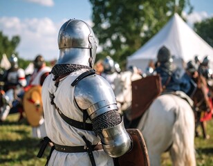 Medieval knight in armor, rear view