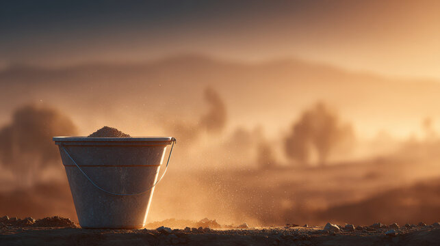 Concrete slump test at site shows metal bucket filled with aggregate material in warm sunlight with dust particles floating in air