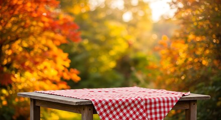 Empty table with red checkered tablecloth in autumnal natural setting