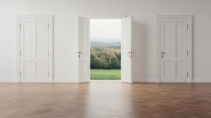 Obraz premium Three white doors in an empty room, with one open door revealing a green forest landscape and distant hills