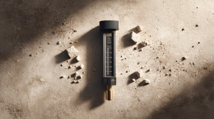 Concrete slump test at site with measuring tool on rough surface and scattered concrete chunks in natural light