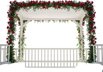 Elegant white wedding arbor adorned with lush red roses and greenery isolated on transparent background