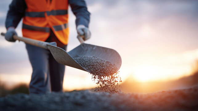 Concrete slump test at site shows worker in safety vest using shovel to handle aggregate material during construction work at sunset