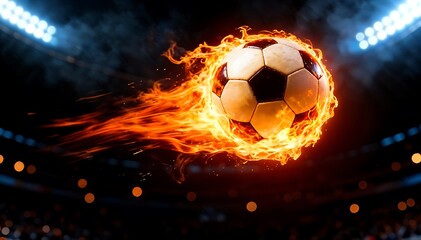 Fototapeta premium Fiery Soccer Ball Flying in Stadium with Orange Flames and Intense Lighting