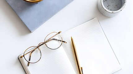 Flat lay overhead view of a modern desk setup with glasses notebook pen and coffee cup on a clean bright surface for productive work or study inspiration