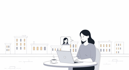 Woman Engaged in Virtual Meeting on Laptop in Outdoor Setting, Ideal for Remote Work Illustrations and Telecommunication Concepts